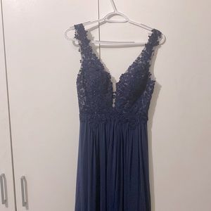 Sherri Hill Navy blue lace and rhinestone embellished bodice with low back gown